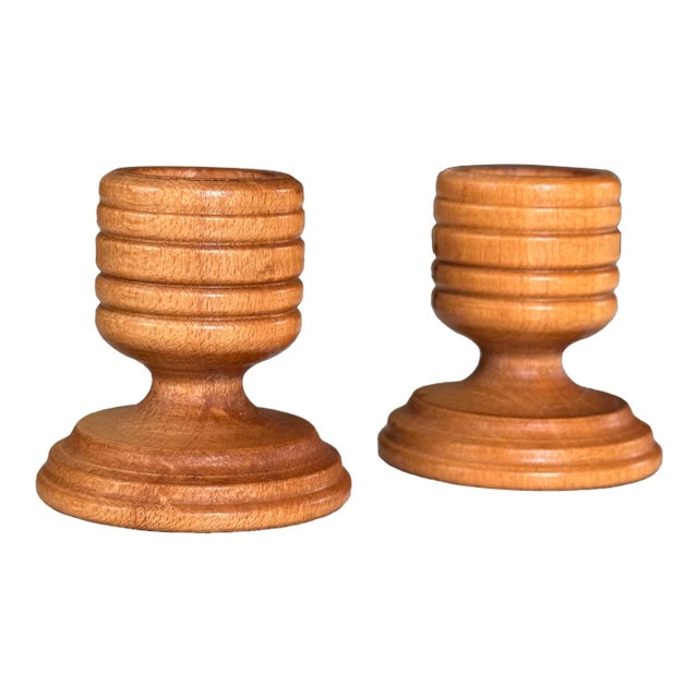 LastChance!1980’s Boho Chic Turned Wood Candle Holders - A Pair For Sale