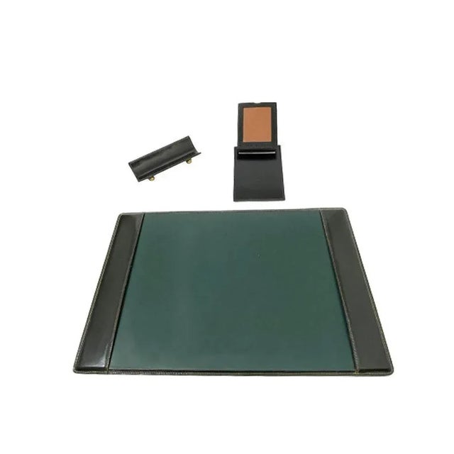 Mid 20th Century Stitched Black Leather & Brass Desk Set, Set of 3 For Sale - Image 3 of 15