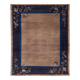 Antique Chinese Art Deco Rug Navy & Taupe Floral Wool 8x10 For Sale