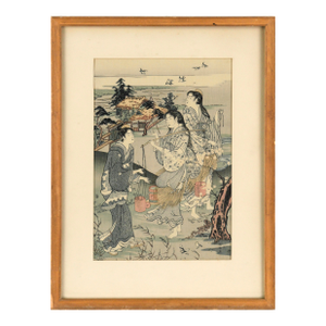 "Plovers at Tamagawa" From "Six Jewel Rivers" - Woodblock Print by Kubo Shunman