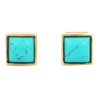 Art Deco 14k Gold Natural Turquoise Square Stud Earrings for Women- 2 Pieces For Sale