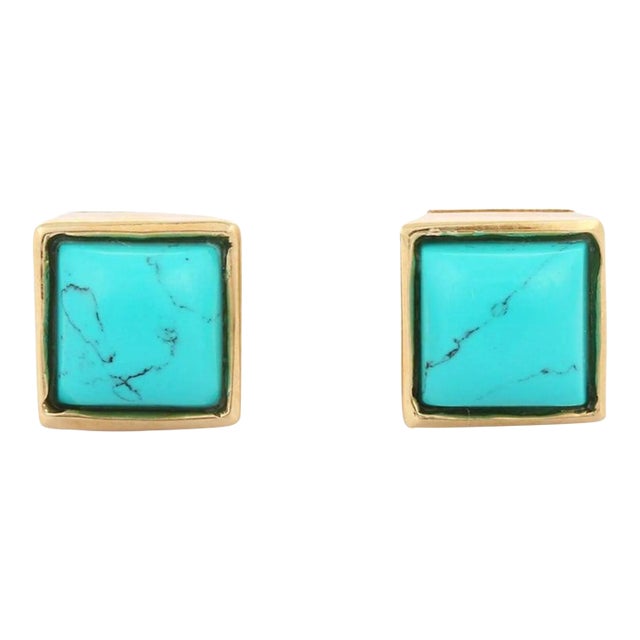 Art Deco 14k Gold Natural Turquoise Square Stud Earrings for Women- 2 Pieces For Sale