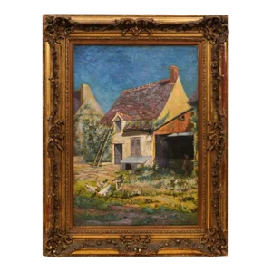 French 20th Century Farmyard Scene by H. Greilschmez in Carved Giltwood Frame