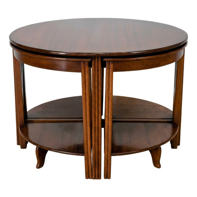 Mid 20th Century Fyne Ladye Nesting Cocktail Table Set – Round Mahogany Coffee Table With 4 Demilune Side Tables For Sale