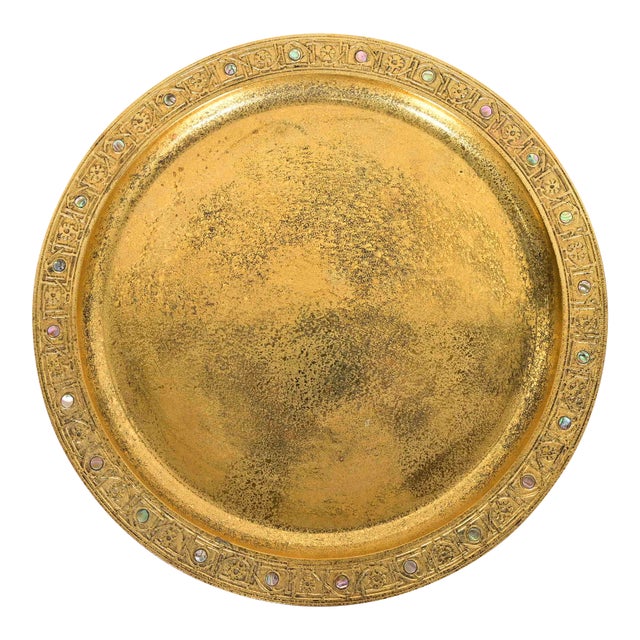 Tiffany Studios New York Bronze Doré Large Tray With Abalone Inlay For Sale