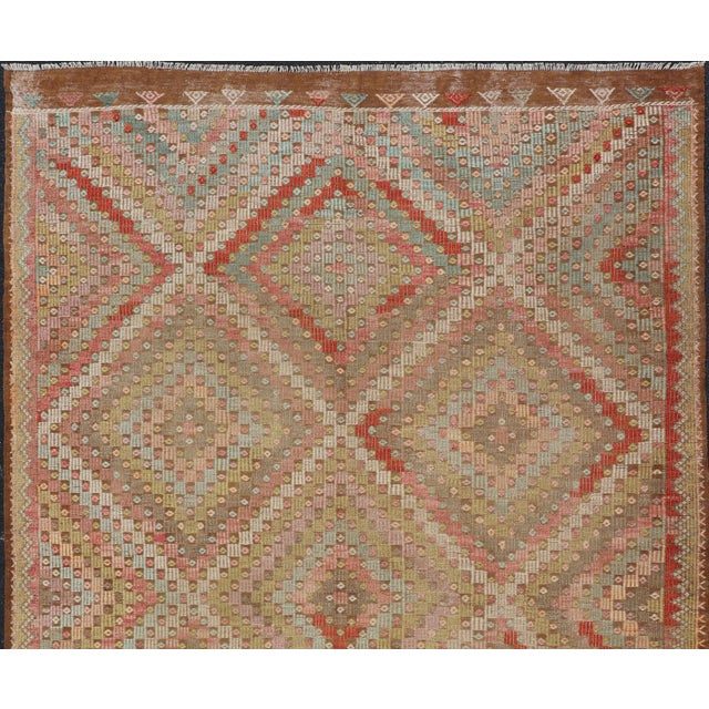 Measures: 7'7 x 12'3 Large Vintage Turkish Kilim Rug with Coral, Gold, Sage Diamond Pattern. Keivan Woven Arts / rug/TU-...