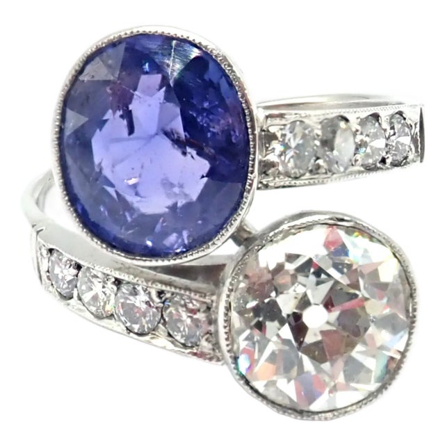 Vintage Estate Platinum Diamond Sapphire Art Deco Crossover Ring, Size 6.5 For Sale