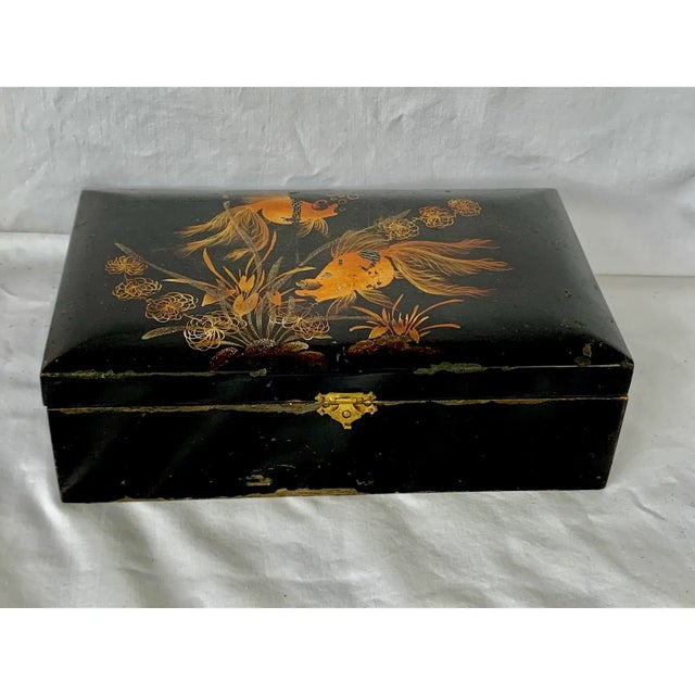 Vintage Black Lacquered Wooden Jewelry Box With Hand-Painted Koi Fish For Sale - Image 10 of 13