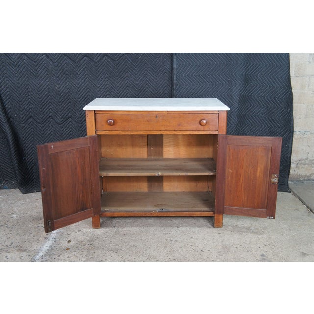 Antique American Victorian Oak & Marble Washstand Bedside Table Vanity Cabinet For Sale - Image 9 of 13