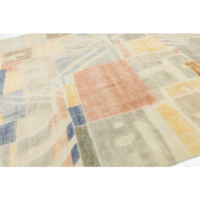 Modernist Cubist Style Handcrafted Wool Area Rug Soft Terracotta, Ochre & Indigo For Sale In New York - Image 6 of 12