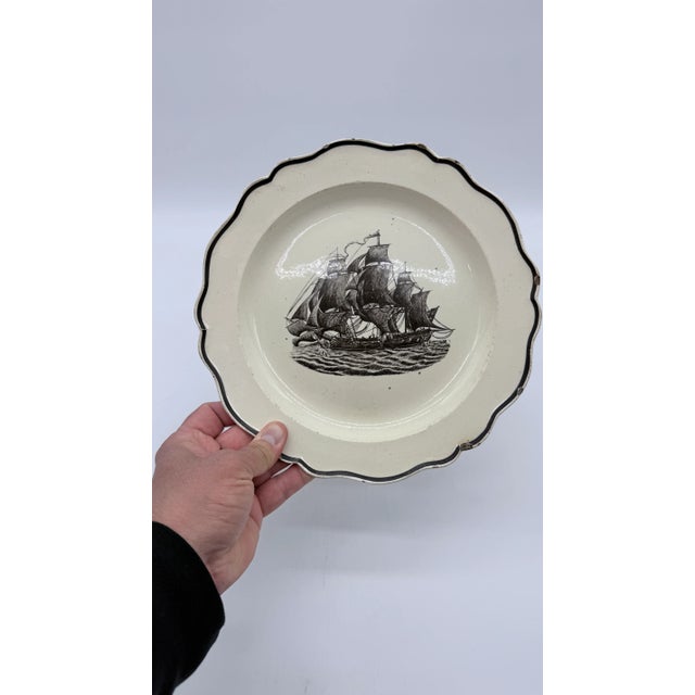 American A Very Nice Antique English Liverpool Creamware Plate With Black Transfer Ship, Circa 1780's For Sale - Image 3 of 14