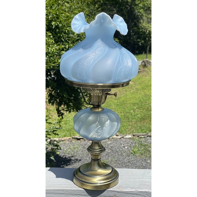Mid-Century Modern Rare Vintage Ice Blue Satin Frost Fenton Paisley Glass Table Lamp 20th C. For Sale - Image 3 of 18