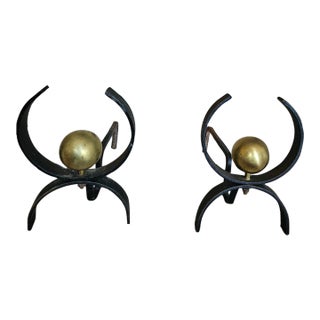 1960s MCM Donald Desky Iron and Brass Fireplace Andirons Set For Sale