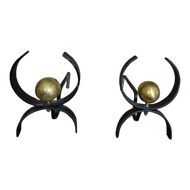 1960s MCM Donald Desky Iron and Brass Fireplace Andirons Set For Sale