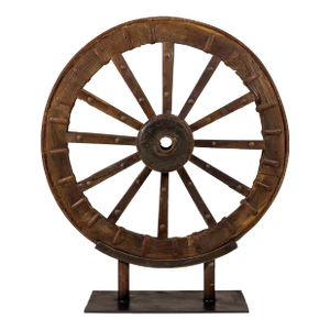 Antique Large Wood & Metal Cart Wheel Mounted on Custom Base