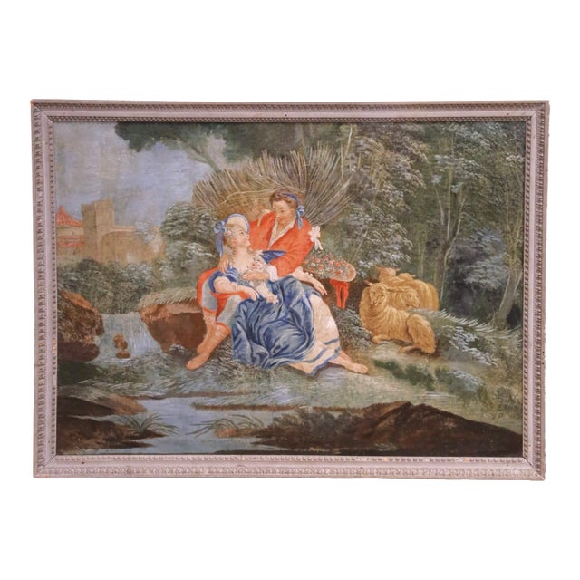 18th Century French Rococo Pastoral Courtship Painting in Gray Frame For Sale