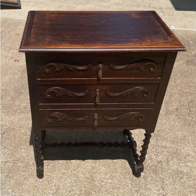 This handsome English barley twist chest with three drawers is a great and versatile piece. Use in a bedroom, in a living...