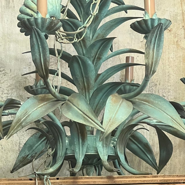 Folk Art Vintage Tole Chandelier With Palm Leaves - 10 Branches For Sale - Image 3 of 7