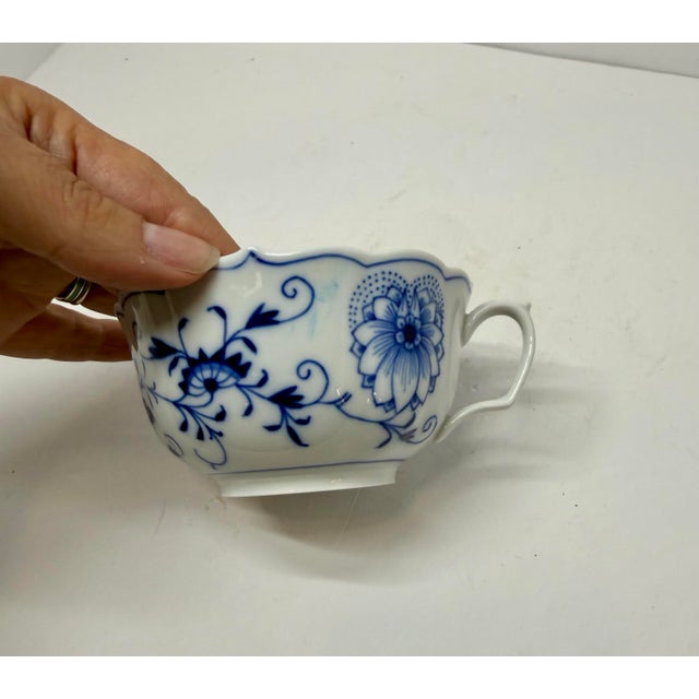 Ceramic Antique Meissen Porcelain Blue Onion 3-Piece Trio– Cup, Saucer, & Plate – First Quality For Sale - Image 7 of 9