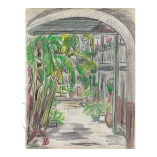 1940s Grace Spongberg French Quarter Courtyard Drawing For Sale