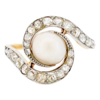 Antique Pearl and Diamond Tourbillon Ring, Size 9.5 For Sale
