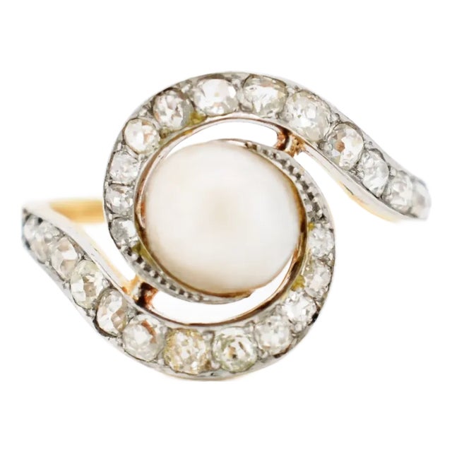 Antique Pearl and Diamond Tourbillon Ring, Size 9.5 For Sale