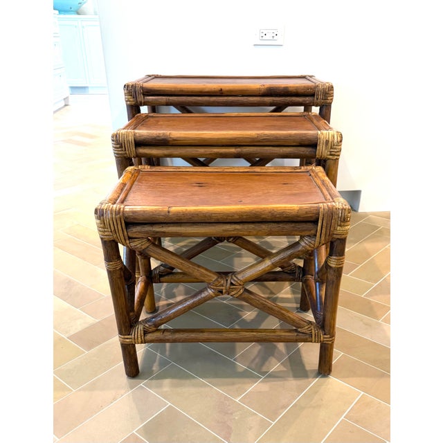Vintage 1950s Rattan & Mahogany Nesting Tables, Set of Three For Sale In Chicago - Image 6 of 10