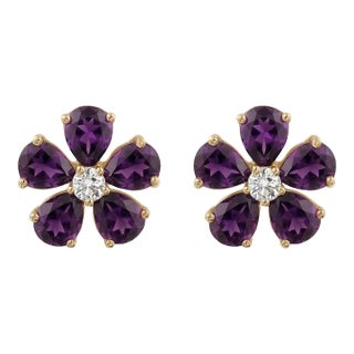 Amethyst Flower Cubic Zirconia Studs, 925 Silver Handmade Amethyst Floral Earrings - A Pair For Sale