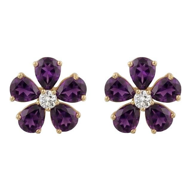 Amethyst Flower Cubic Zirconia Studs, 925 Silver Handmade Amethyst Floral Earrings - A Pair For Sale