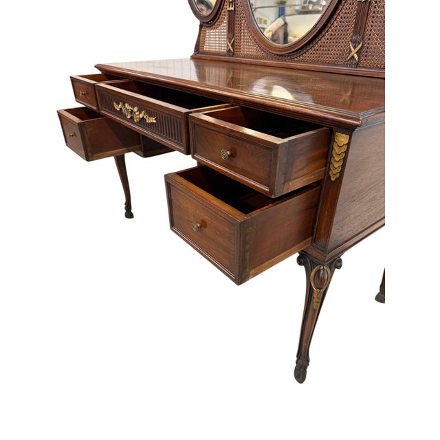 French Louis XV Style Triple Oval Mirror Walnut Vanity & Chair For Sale - Image 9 of 17