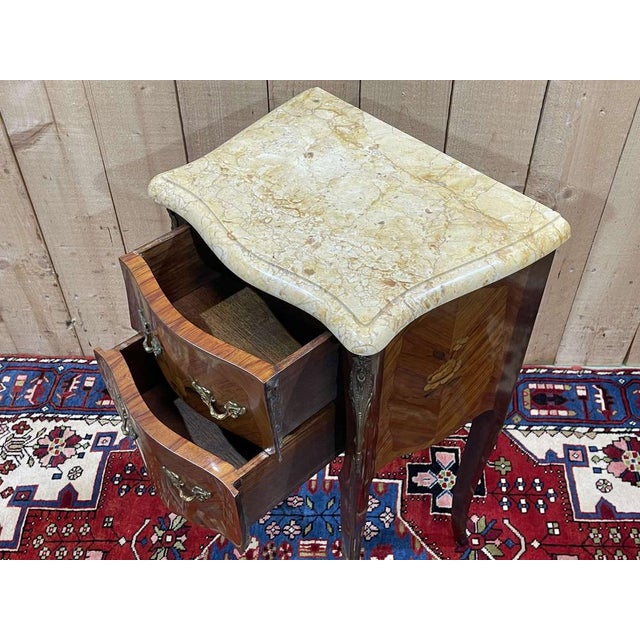 Louis XV Style Bedside Table in Oak with Marble Top, 1970s For Sale - Image 4 of 13