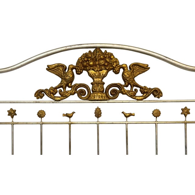 Hollywood Regency King-Size Wrought Iron Canopy Poster Bed With Distressed Silver Finish & Gilt Accents For Sale - Image 4 of 11