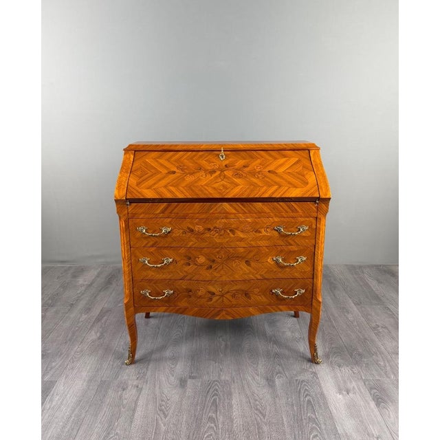 19th Century Louis XV Drop-Front Secretary Desk in Veneered and Inlaid Wood, 1890s For Sale - Image 13 of 13