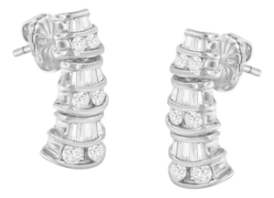 14K White Gold 7/8 cttw Baguette & Round Brilliant-Cut Diamond Dangle Multi Row Earrings (H-I Color, SI2-I1 Clarity)