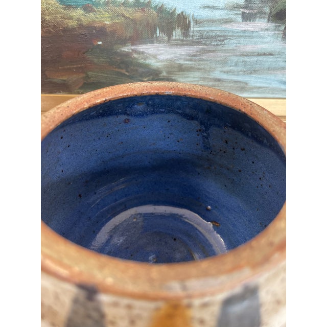 Signed 1978 Studio Pottery Jar by Alice - Hand-Thrown Speckled Stoneware With Painted Lid and Cobalt Glazed Interior. For Sale - Image 10 of 10