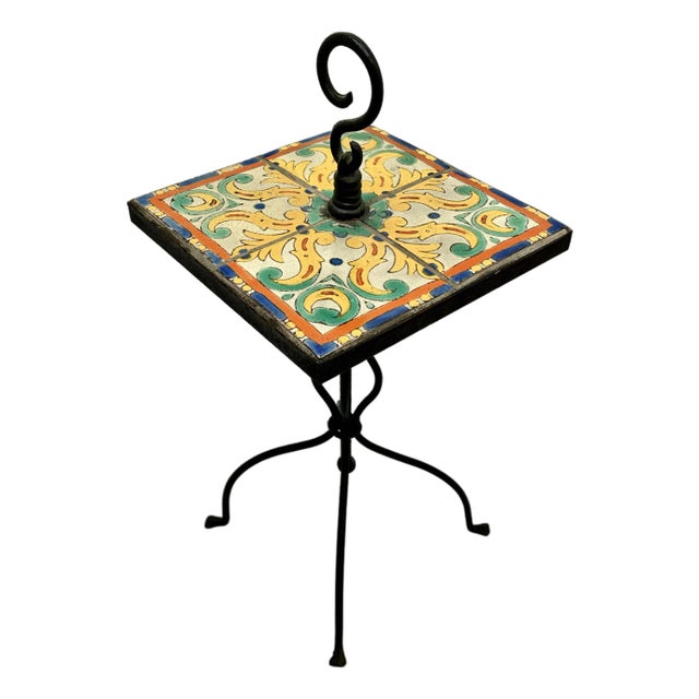 Rare Vintage 1920s California Catalina Island Art Pottery Tile & Hand Wrought Iron Patio Stand - AccentTable For Sale