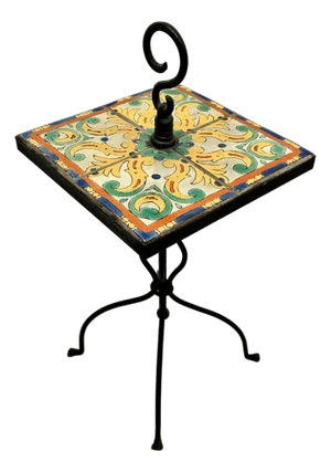 Rare Vintage 1920s California Catalina Island Art Pottery Tile & Hand Wrought Iron Patio Stand - AccentTable