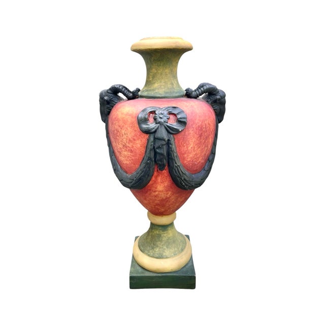 Neoclassical Painted Urn With Ram Heads and Swag Motifs For Sale - Image 3 of 8