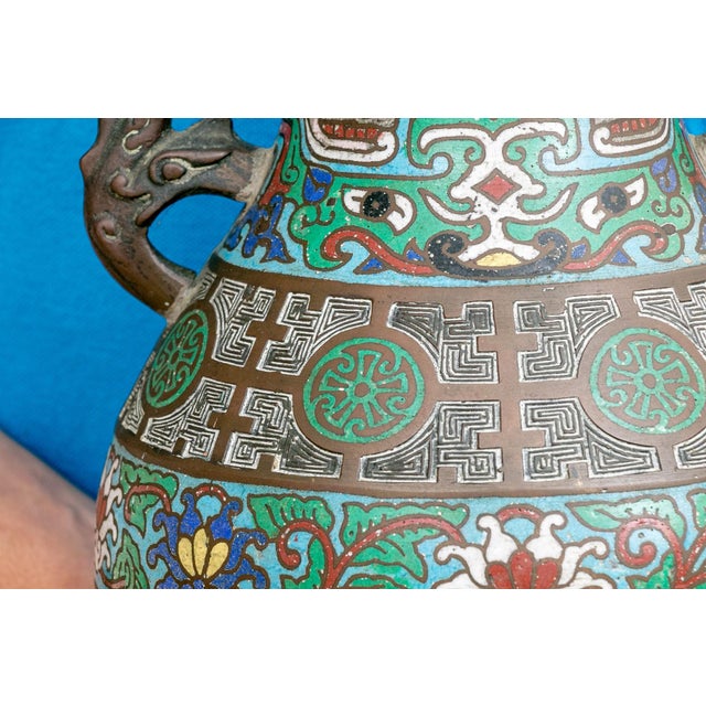 Early 20th Century Antique Japanese Enamel-Over-Bronze Cloisonné Vase With Peacock Handles For Sale - Image 5 of 7