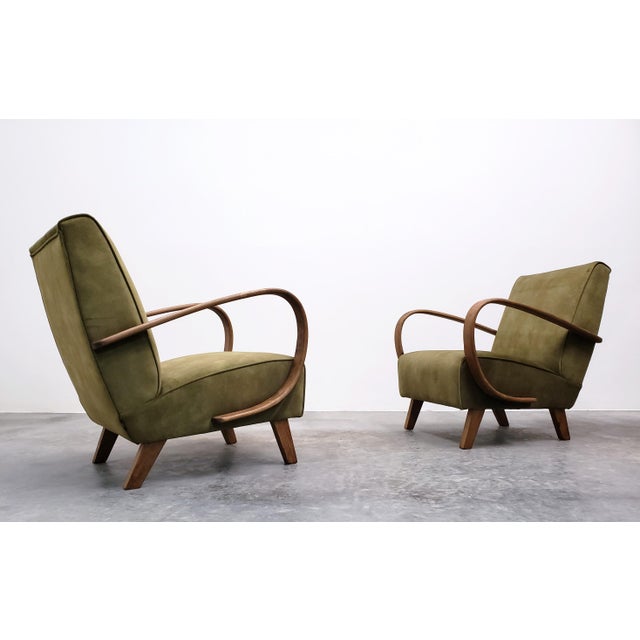 Two armchairs are available in this colour. 1930s Jindrich Halabala Bentwood Armchair, a timeless piece that epitomizes...