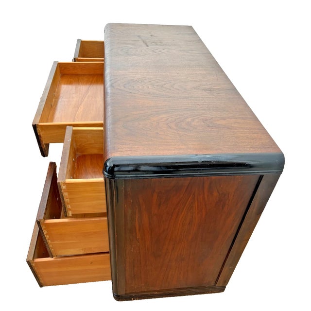 1930s Art Deco Desk Waterfall Top Seven Dovetail Bakelite Drawers Burl Walnut Carved For Sale - Image 4 of 12