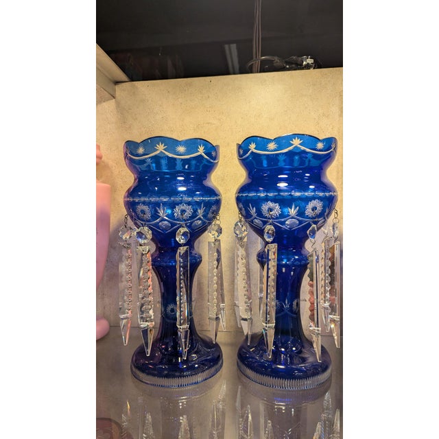 Royal Blue Cobalt Flashed Crystal Lusters- a Pair For Sale - Image 8 of 8