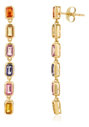 14k Solid Gold Tone Multicolor Gemstone Art Deco Earrings- 2 Pieces