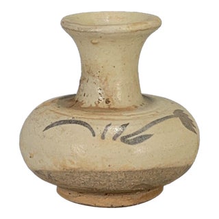 Vintage White Glazed Pottery Vase – Slip-Painted Floral Motif, Folk Style For Sale