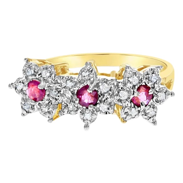 Three Flower Shaped Diamond Ruby Ring 14k Yellow Gold, Size 3 For Sale