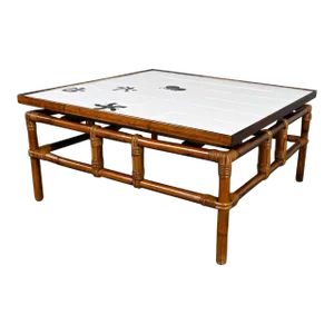 Vintage Rattan Campaign Style Ficks Reed Far Horizons Collection Coffee Table W/Tile Top by John Wisner
