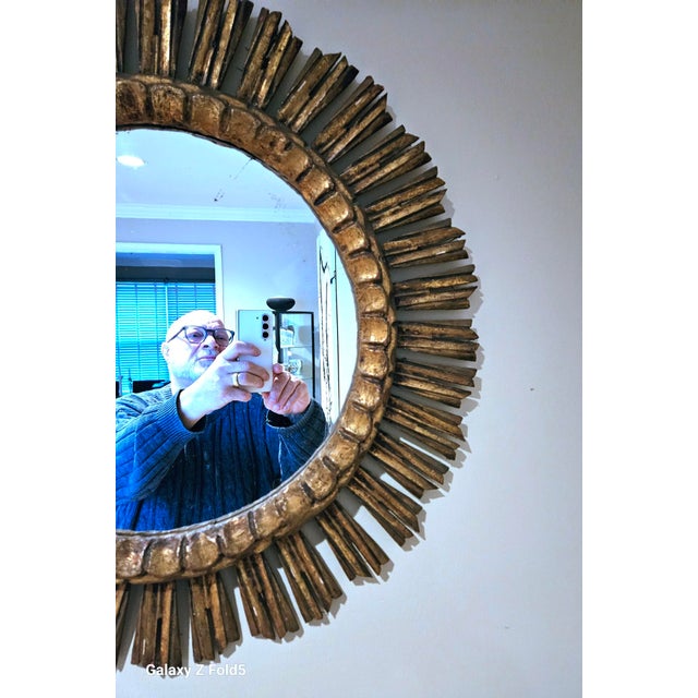 Vintage Spanish Giltwood Sunburst Mirror, 1940s-1960s A proper Spanish sunburst — carved wood, real gilding, and the good...
