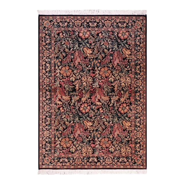 1990's Floral Gulshan Ayub Pak-Persian Black/Black Wool Rug - 4'8'' X 7'1'' For Sale
