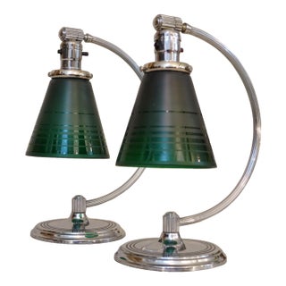Matched Pair Art Deco Streamline Chase Chrome Vianne Green Art Glass Table Lamps 1930's For Sale