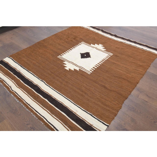 Vintage Turkish Oushak Handmade Cotton Brown Wool Kilim Area Rug For Sale - Image 4 of 11